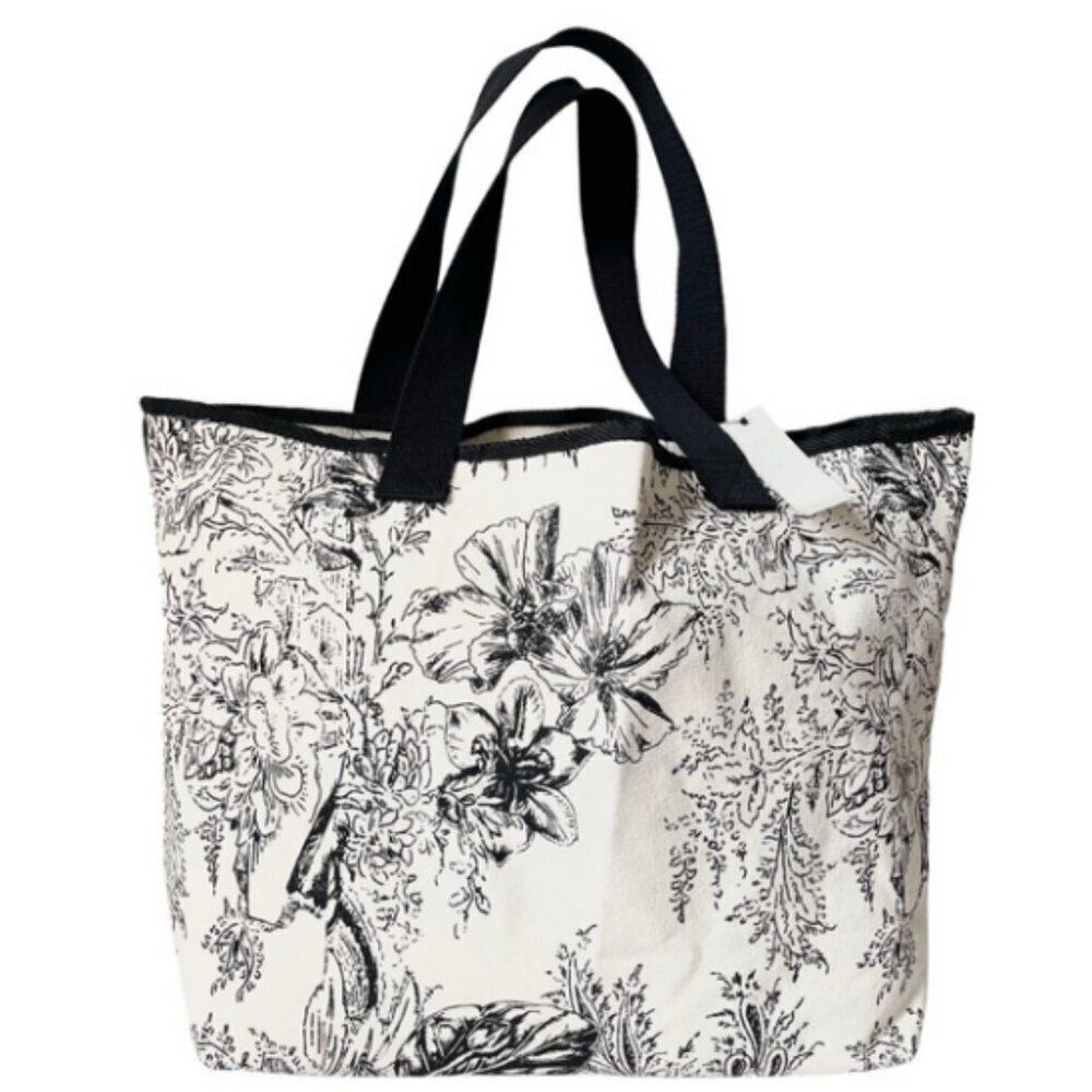 CHICO'S Black & White Floral Canvas Tote Bag NWT